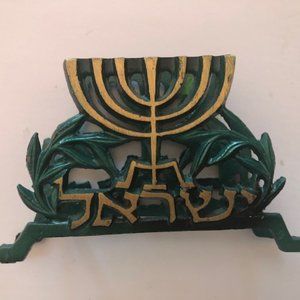 Israel Menorah Metal Napkin Holder. Vintage.